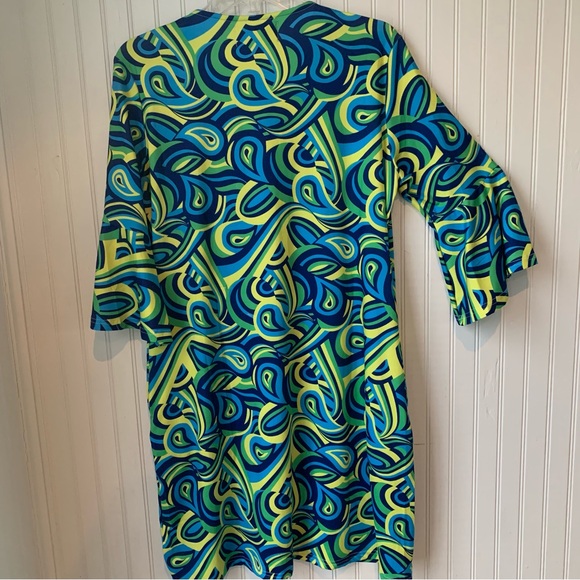 Erma’s Closet (NWT) (S) Dress, V-Neck, Royal Blue, Green & Yellow Fun Pattern - Picture 6 of 6